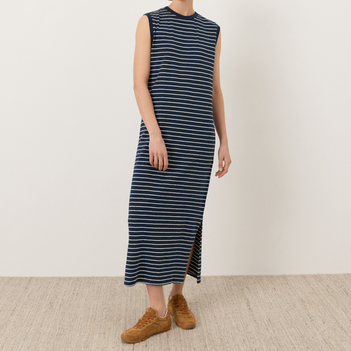 Marine‑gestreiftes ärmelloses Maxikleid mit Seitenschlitz