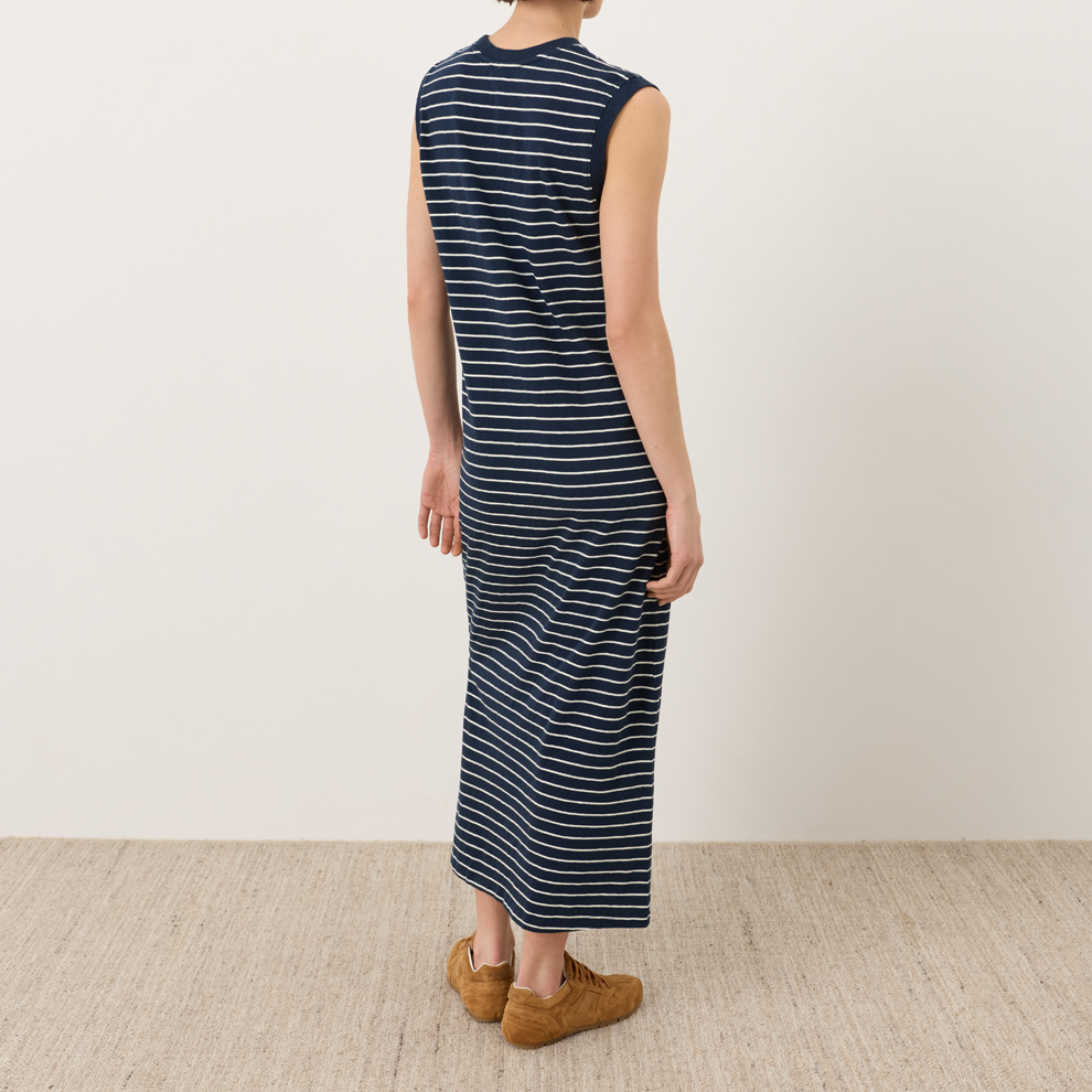 Marine‑gestreiftes ärmelloses Maxikleid mit Seitenschlitz
