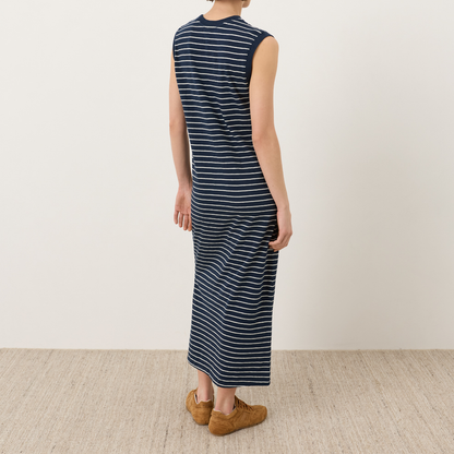 Marine‑gestreiftes ärmelloses Maxikleid mit Seitenschlitz