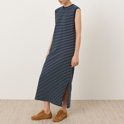 Marine‑gestreiftes ärmelloses Maxikleid mit Seitenschlitz