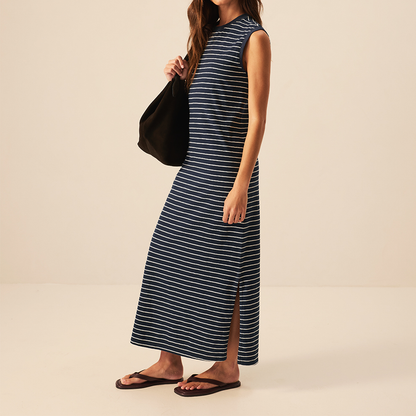 Marine‑gestreiftes ärmelloses Maxikleid mit Seitenschlitz